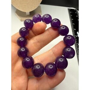 Natural Deep Purple Amethyst 14mm Round Bead Stretch Bracelet Polished Gemstone